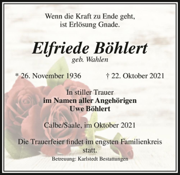 Traueranzeige von Elfriede Böhlert (geb. Wahlen)  von Magdeburger Volksstimme
