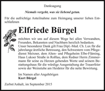 Traueranzeige von Elfriede Bürgel  von Magdeburger Volksstimme
