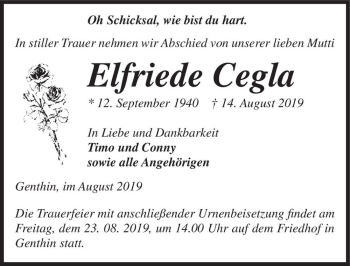 Traueranzeige von Elfriede Cegla  von Magdeburger Volksstimme