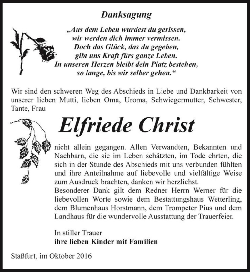  Traueranzeige für Elfriede Christ  vom 22.10.2016 aus Magdeburger Volksstimme