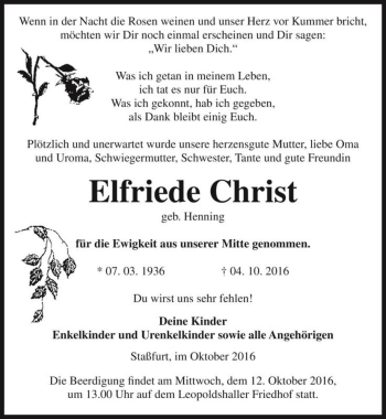 Traueranzeige von Elfriede Christ (geb. Henning)  von Magdeburger Volksstimme