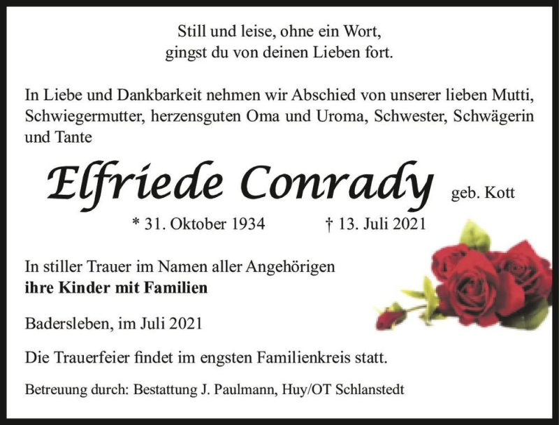  Traueranzeige für Elfriede Conrady (geb. Kott)  vom 17.07.2021 aus Magdeburger Volksstimme