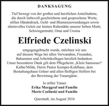 Traueranzeige von Elfriede Czelinski  von Magdeburger Volksstimme