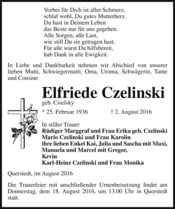 Traueranzeige von Elfriede Czelinski (geb. Ciselsky)  von Magdeburger Volksstimme