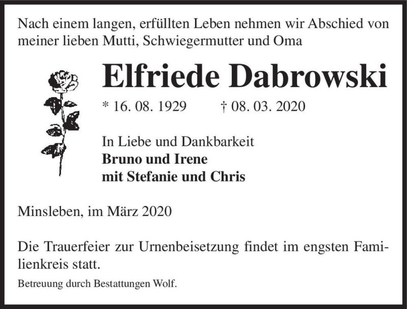  Traueranzeige für Elfriede Dabrowski  vom 21.03.2020 aus Magdeburger Volksstimme
