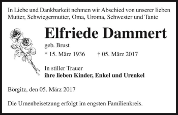 Traueranzeige von Elfriede Dammert (geb. Brust)  von Magdeburger Volksstimme