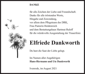 Traueranzeige von Elfriede Dankworth  von Magdeburger Volksstimme