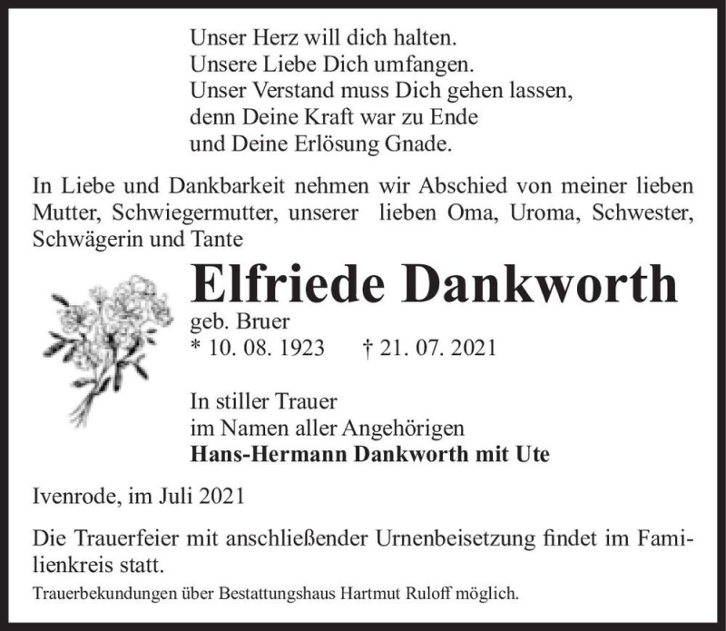  Traueranzeige für Elfriede Dankworth (geb. Bruer)  vom 28.07.2021 aus Magdeburger Volksstimme