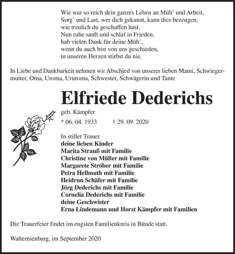  Traueranzeige für Elfriede Dederichs (geb. Kämpfer)  vom 07.10.2020 aus Magdeburger Volksstimme