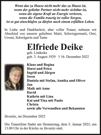 Traueranzeige von Elfriede Deike (geb. Lindecke)  von Magdeburger Volksstimme