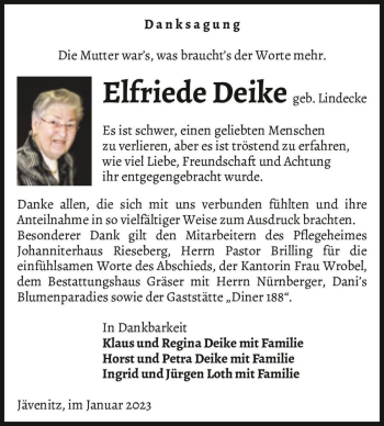 Traueranzeige von Elfriede Deike (geb. Lindecke)  von Magdeburger Volksstimme