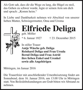 Traueranzeige von Elfriede Deliga (geb. Möller)  von Magdeburger Volksstimme