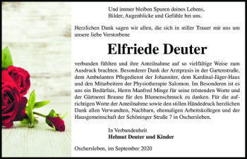 Traueranzeige von Elfriede Deuter  von Magdeburger Volksstimme