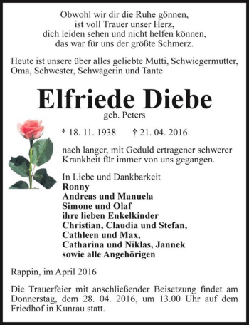Traueranzeige von Elfriede Diebe (geb. Peters)  von Magdeburger Volksstimme
