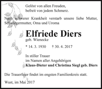 Traueranzeige von Elfriede Diers (geb. Wienecke)  von Magdeburger Volksstimme
