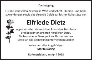 Traueranzeige von Elfriede Dietz  von Magdeburger Volksstimme