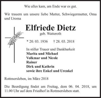 Traueranzeige von Elfriede Dietz (geb. Watteroth)  von Magdeburger Volksstimme