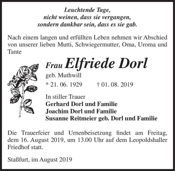 Traueranzeige von Elfriede Dorl (geb. Muthwill)  von Magdeburger Volksstimme