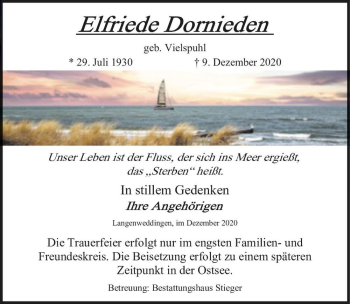 Traueranzeige von Elfriede Dornieden (geb. Vielspuhl)  von Magdeburger Volksstimme
