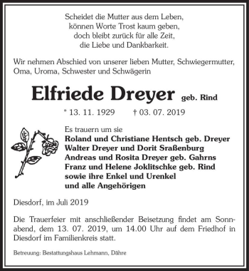 Traueranzeige von Elfriede Dreyer (geb. Rind)  von Magdeburger Volksstimme