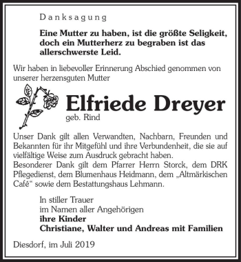 Traueranzeige von Elfriede Dreyer (geb. Rind)  von Magdeburger Volksstimme