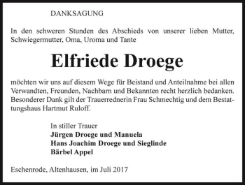 Traueranzeige von Elfriede Droege  von Magdeburger Volksstimme
