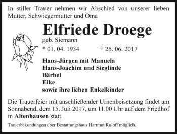 Traueranzeige von Elfriede Droege (geb. Siemann)  von Magdeburger Volksstimme