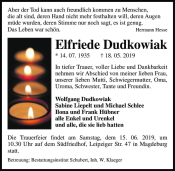 Traueranzeige von Elfriede Dudkowiak  von Magdeburger Volksstimme
