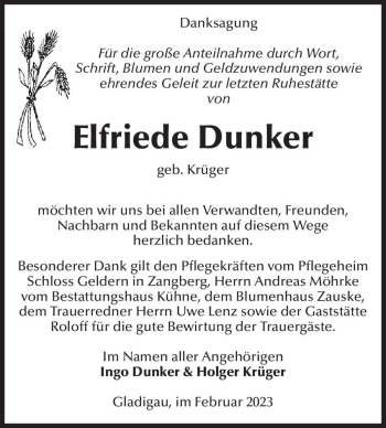 Traueranzeige von Elfriede Dunker (geb. Krüger)  von Magdeburger Volksstimme