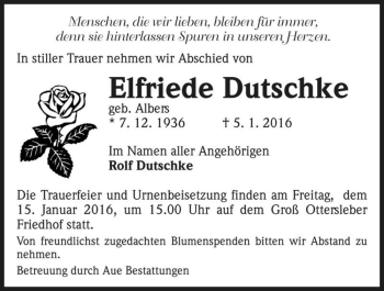 Traueranzeige von Elfriede Dutschke (geb. Albers)  von Magdeburger Volksstimme