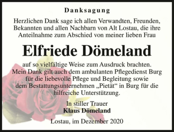 Traueranzeige von Elfriede Dömeland  von Magdeburger Volksstimme