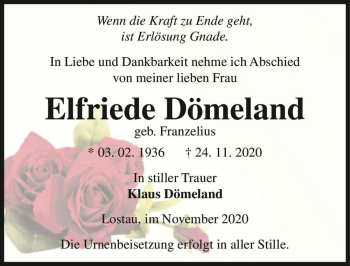 Traueranzeige von Elfriede Dömeland (geb. Franzelius)  von Magdeburger Volksstimme