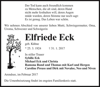 Traueranzeige von Elfriede Eck (geb. Kühne)  von Magdeburger Volksstimme