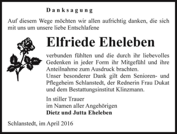 Traueranzeige von Elfriede Eheleben  von Magdeburger Volksstimme