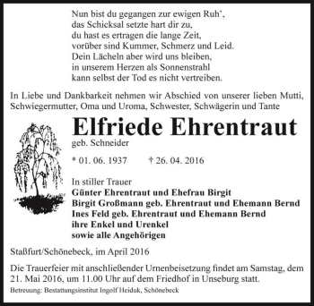 Traueranzeige von Elfriede Ehrentraut (geb. Schneider)  von Magdeburger Volksstimme
