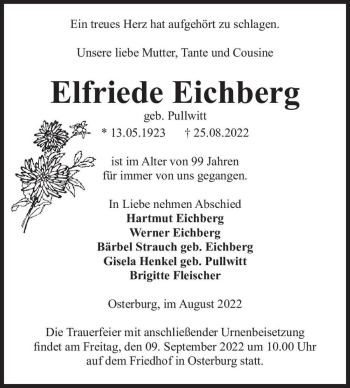 Traueranzeige von Elfriede Eichberg (geb. Pullwitt)  von Magdeburger Volksstimme