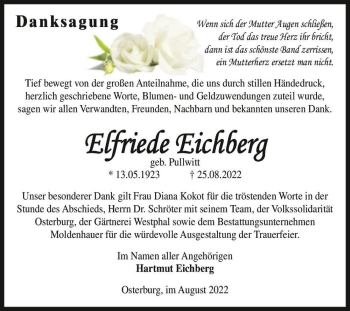 Traueranzeige von Elfriede Eichberg (geb. Pullwitt)  von Magdeburger Volksstimme