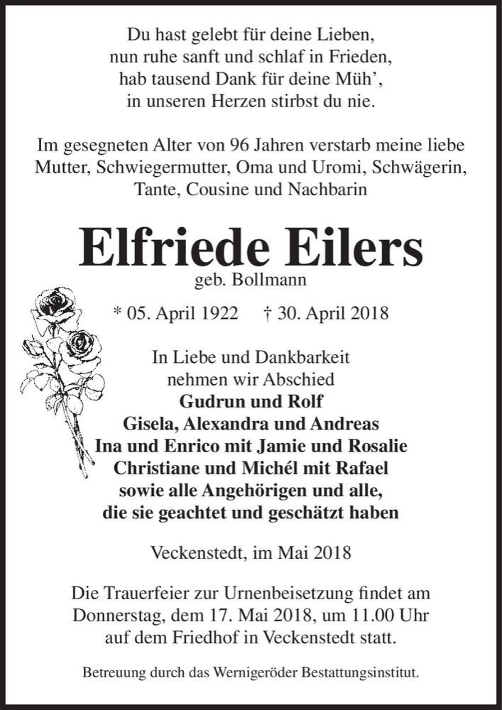  Traueranzeige für Elfriede Eilers (geb. Bollmann)  vom 07.05.2018 aus Magdeburger Volksstimme