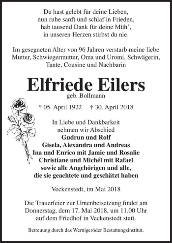 Traueranzeige von Elfriede Eilers (geb. Bollmann)  von Magdeburger Volksstimme