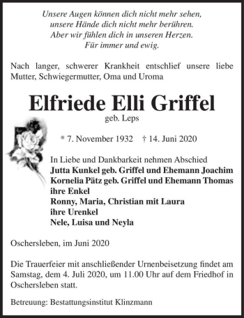 Traueranzeige von Elfriede Elli Griffel (geb. Leps)  von Magdeburger Volksstimme