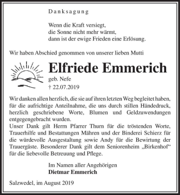 Traueranzeige von Elfriede Emmerich (geb. Nefe)  von Magdeburger Volksstimme
