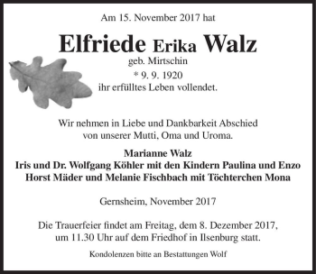 Traueranzeige von Elfriede Erika Walz (geb. Mirtschin)  von Magdeburger Volksstimme