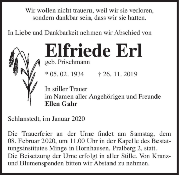Traueranzeige von Elfriede Erl (geb. Prischmann)  von Magdeburger Volksstimme