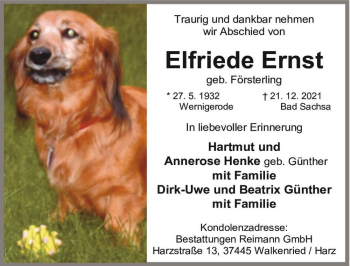 Traueranzeige von Elfriede Ernst (geb. Försterling)  von Magdeburger Volksstimme