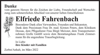 Traueranzeige von Elfriede Fahrenbach  von Magdeburger Volksstimme