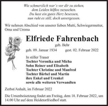Traueranzeige von Elfriede Fahrenbach (geb. Behr)  von Magdeburger Volksstimme