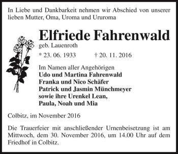 Traueranzeige von Elfriede Fahrenwald (geb. Lauenroth)  von Magdeburger Volksstimme