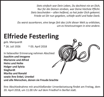 Traueranzeige von Elfriede Festerling (geb. Marquardt)  von Magdeburger Volksstimme