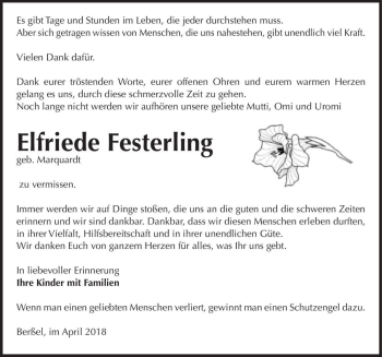 Traueranzeige von Elfriede Festerling (geb. Marquardt)  von Magdeburger Volksstimme
