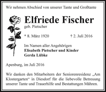 Traueranzeige von Elfriede Fischer (geb. Pietscher)  von Magdeburger Volksstimme